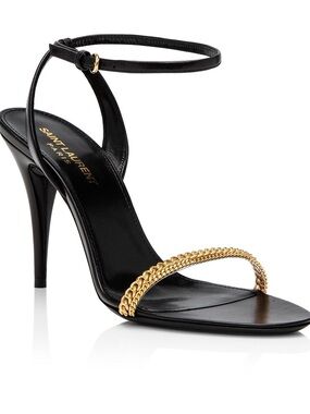 Saint Laurent Black Leather High-Heel Sandal with Gold Chain Toe Strap (EU 37.5)